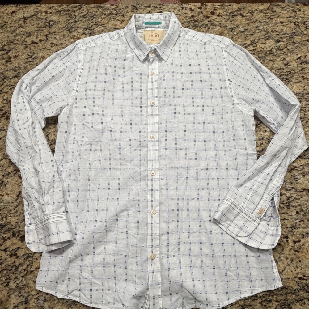 Scotch & Soda Mens Blue White Dashed Grid Long Sleeve Button Down Shirt Large ws